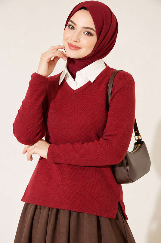 V Yaka Fitilli Kaşe Bluz Bordo