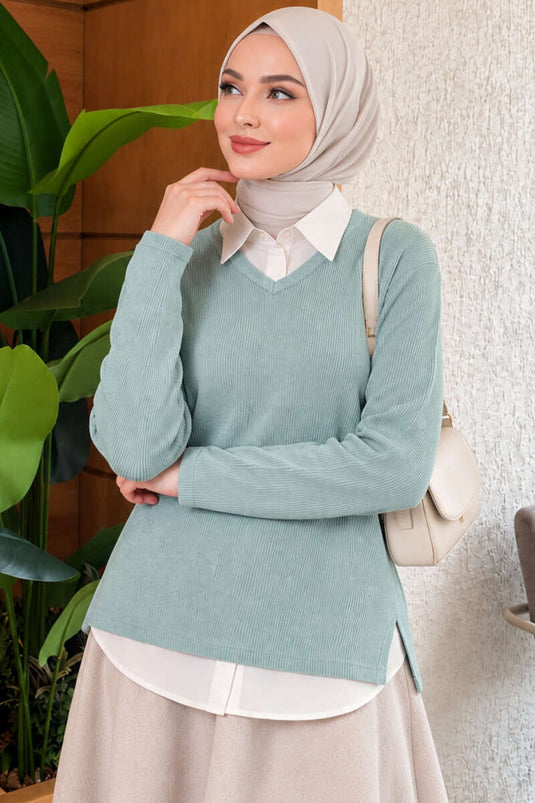 V-Ausschnitt Strukturierte Khaki-Bluse In Jadegrün