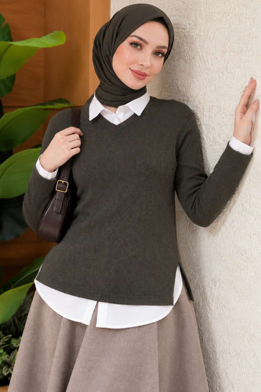 Blouse Haki À Col V En Laine Texturée