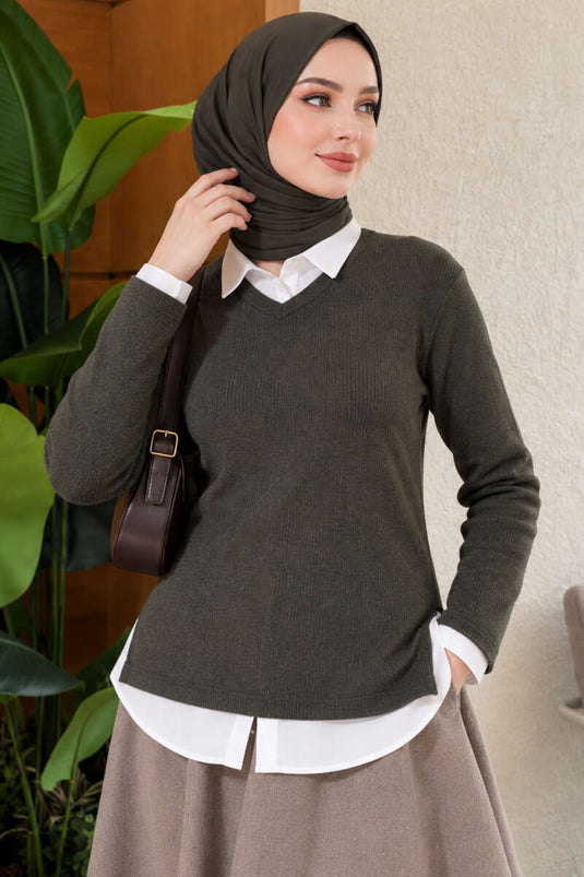 Blouse Haki À Col V En Laine Texturée