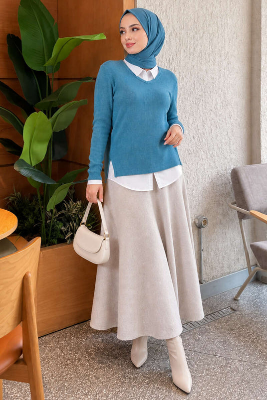 Blouse Texturée En Laine Mélangée À Col V Petrol