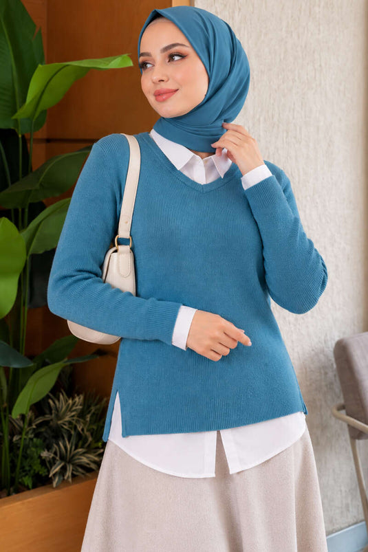 Blouse Texturée En Laine Mélangée À Col V Petrol