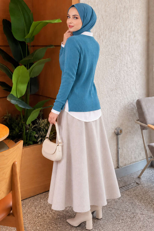 Blouse Texturée En Laine Mélangée À Col V Petrol