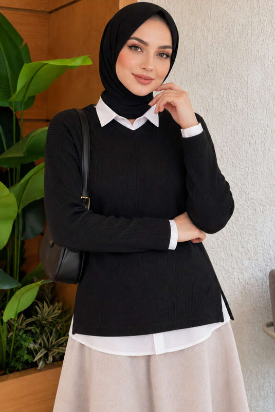 Blusa Trapuntata Con Scollo A V Nera