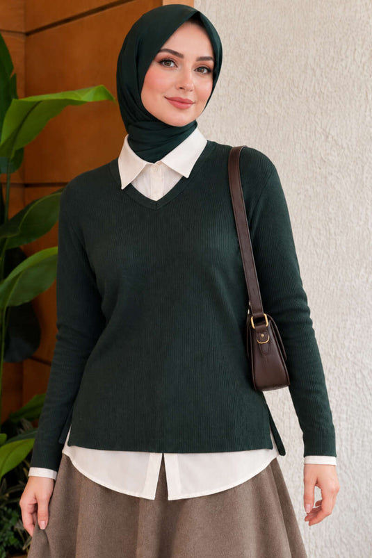 Blouse En Laine Mélangée À Col En V Et Texture, Couleur Émeraude Lait