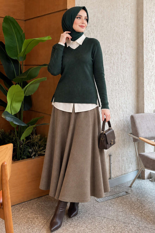 Blouse En Laine Mélangée À Col En V Et Texture, Couleur Émeraude Lait
