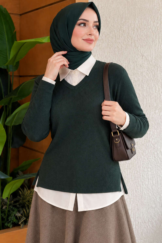 Blouse En Laine Mélangée À Col En V Et Texture, Couleur Émeraude Lait