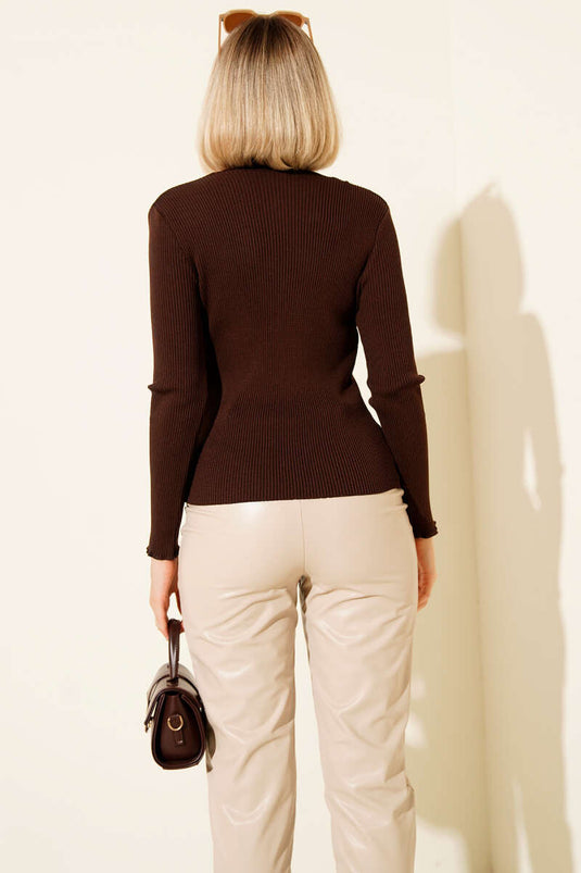 V-Neck Ribbed Knit Blouse, Brown