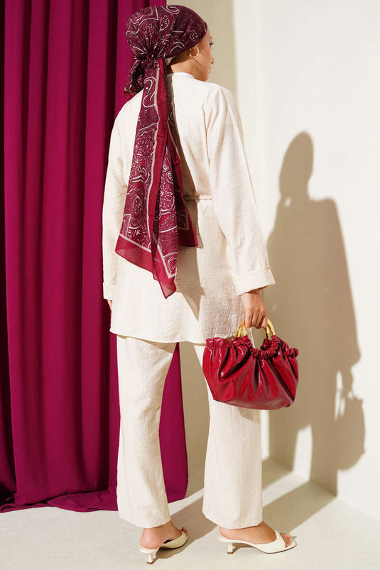 V Yaka İp Kuşaklı İkili Takım Bej