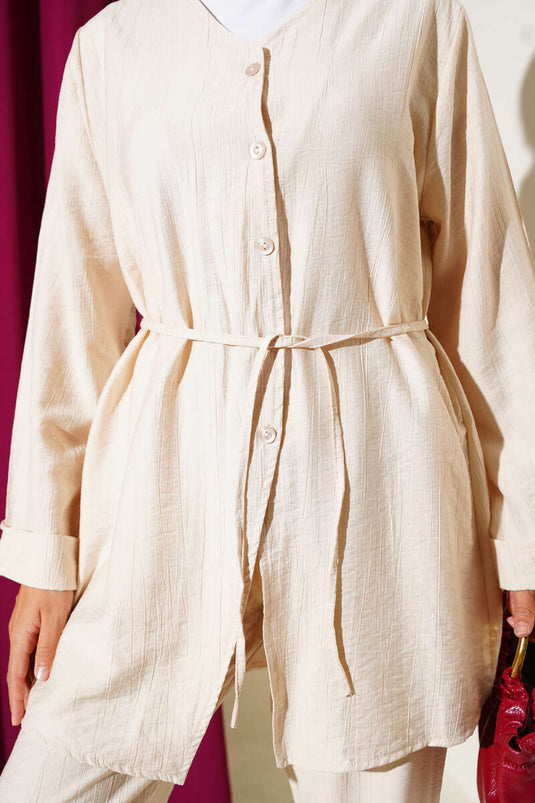 V Yaka İp Kuşaklı İkili Takım Bej