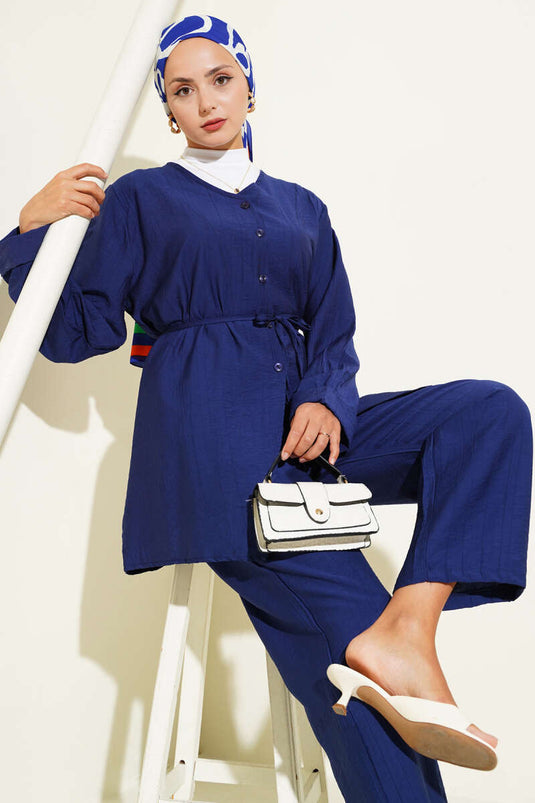 V Yaka İp Kuşaklı İkili Takım Lacivert