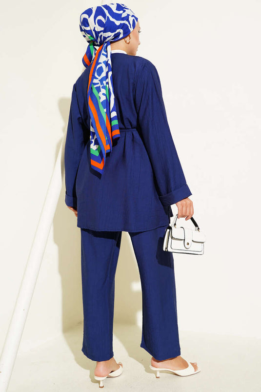 V Yaka İp Kuşaklı İkili Takım Lacivert