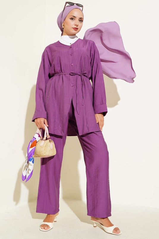 V-Necked Rope Belted Two-Piece Suit Purple