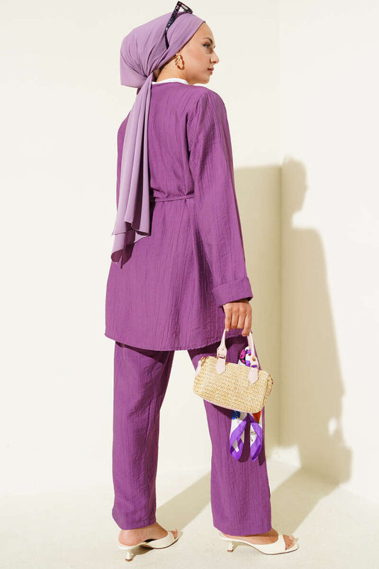 V-Necked Rope Belted Two-Piece Suit Purple