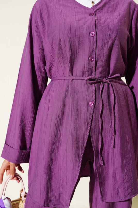 V-Necked Rope Belted Two-Piece Suit Purple