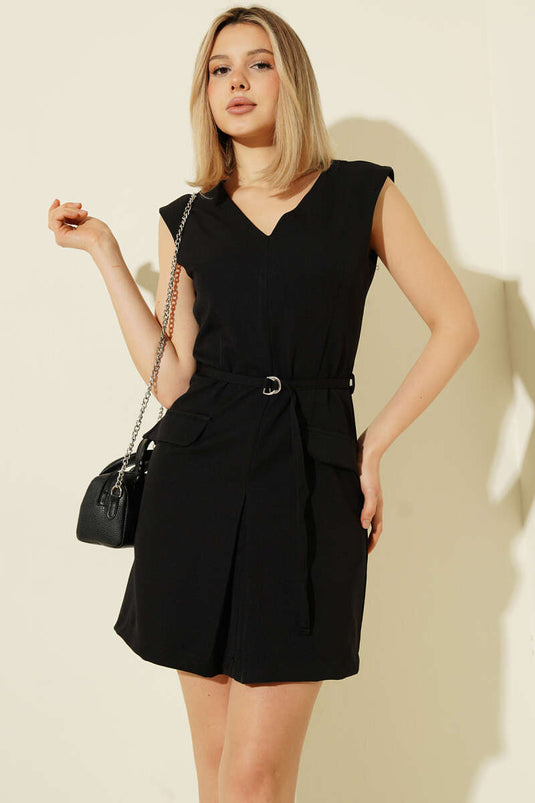 V-neck Mini Dress with Rope Belt Black
