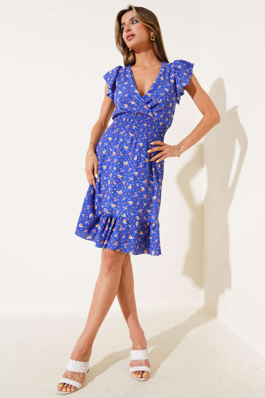 فستان بياقة على شكل حرف V وأكمام مكشكشة، لون نيلي