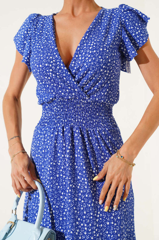 V-Neck Dress with Ruffled Sleeves, Navy Blue