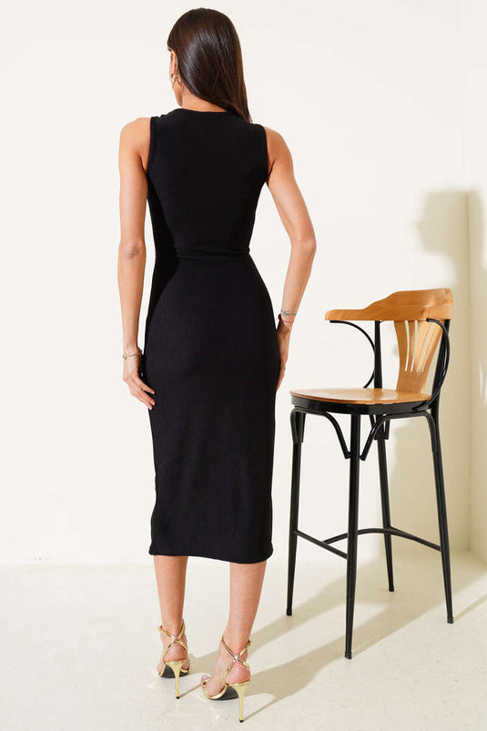 V-Neck Metal Accessory Slit Dress Black