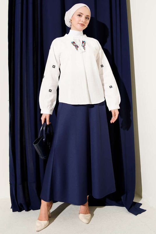 V-neck Embroidered Detail Linen Blouse Ecru