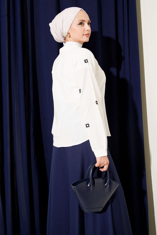 V-neck Embroidered Detail Linen Blouse Ecru