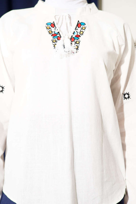 V-neck Embroidered Detail Linen Blouse Ecru