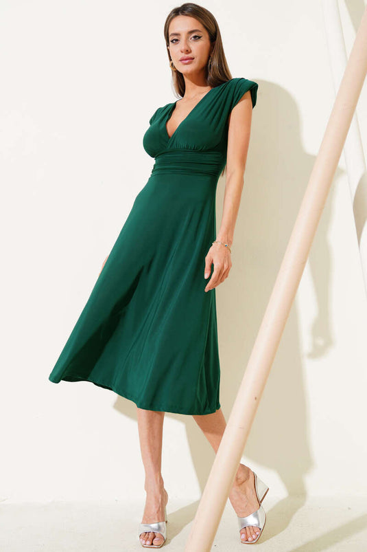 Robe midi sable émeraude à col en V et épaulettes rembourrées