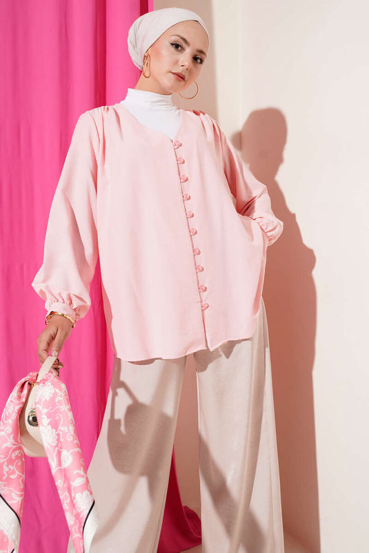 V Yaka Önü Brit Düğmeli Gömlek Pudra