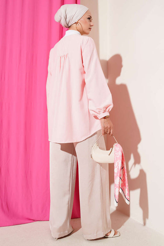 V Yaka Önü Brit Düğmeli Gömlek Pudra