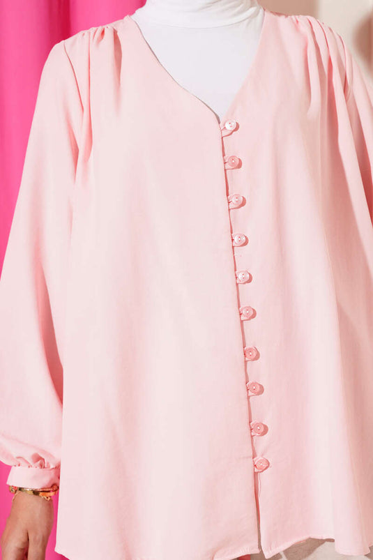 V Yaka Önü Brit Düğmeli Gömlek Pudra