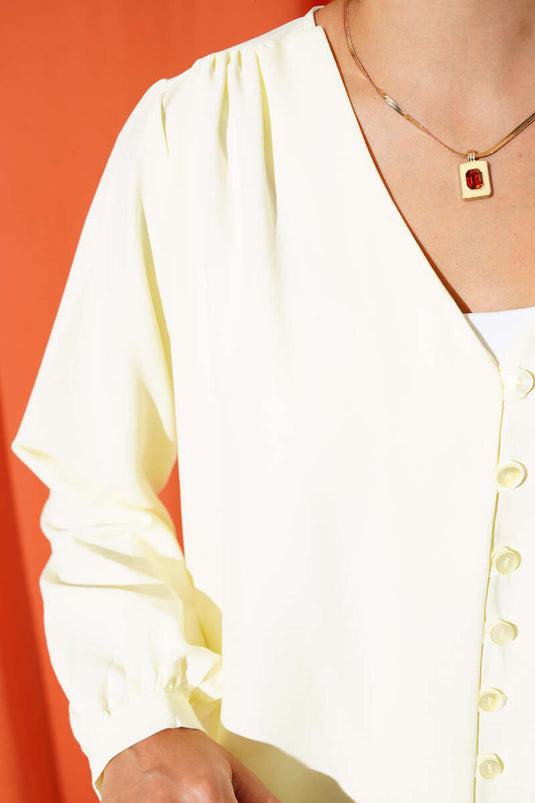 V Neck Front Brit Button Shirt Yellow