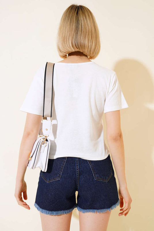 Bunte, geknöpfte Bluse mit V-Ausschnitt in Ecru