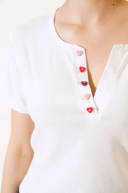 V-Neck Colorful Buttoned Blouse Ecru