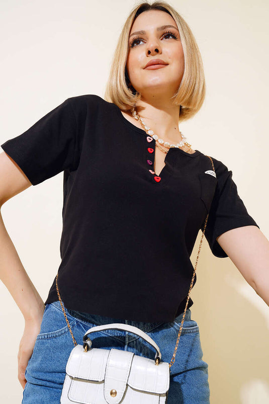 V-Neck Colorful Buttoned Blouse Black