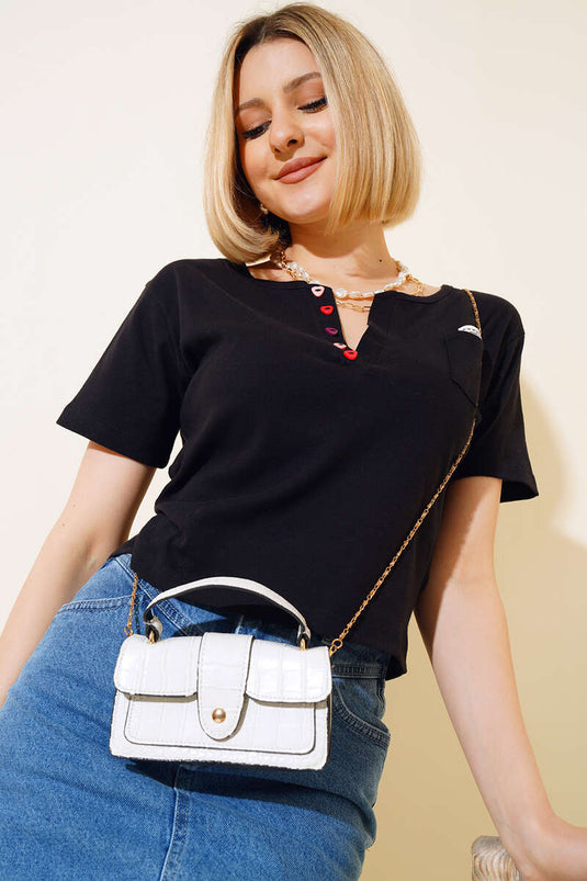 Schwarze, farbenfrohe Bluse mit V-Ausschnitt und Knöpfen