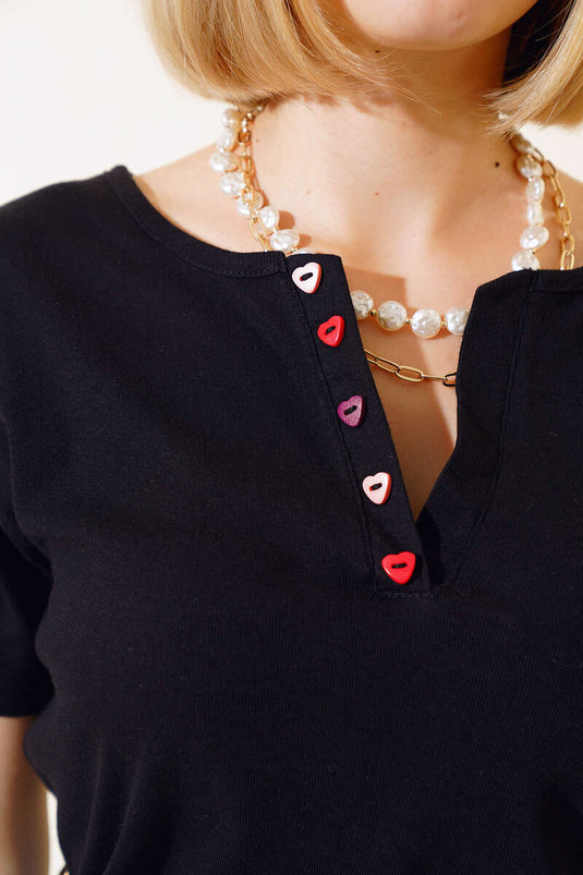 V-Neck Colorful Buttoned Blouse Black