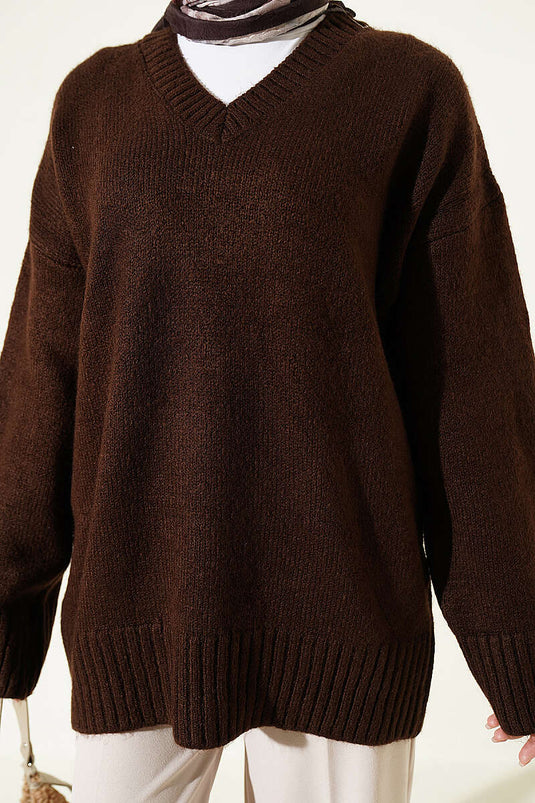 Túnica De Punto Acanalado Con Cuello En V En Color Café