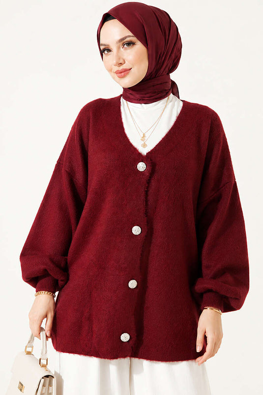 Burgundy V-Neck Buttoned Cardigan With Beard Pattern