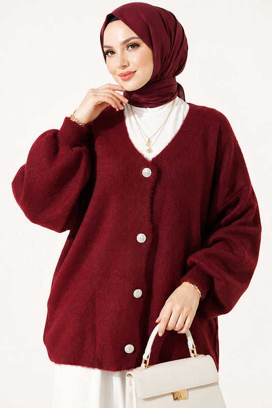 Burgundy V-Neck Buttoned Cardigan With Beard Pattern