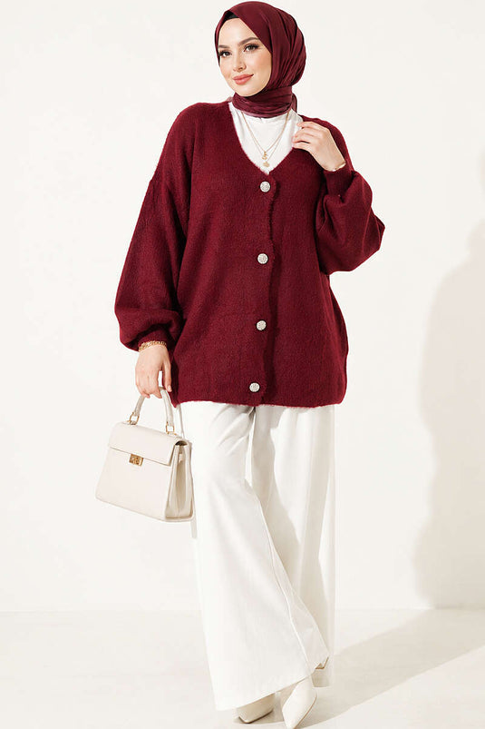 Burgundy V-Neck Buttoned Cardigan With Beard Pattern