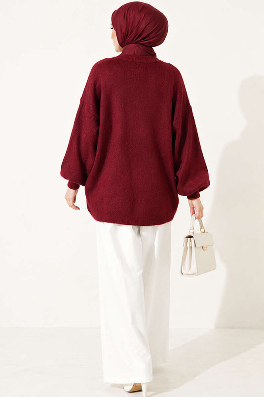 Burgundy V-Neck Buttoned Cardigan With Beard Pattern