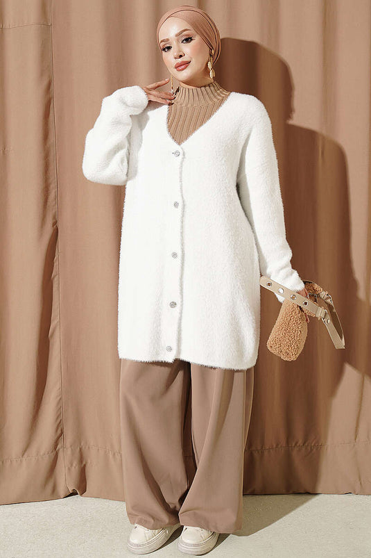 Gilet Long À Boutons Blanc À Col En V
