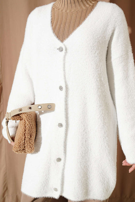 Gilet Long À Boutons Blanc À Col En V