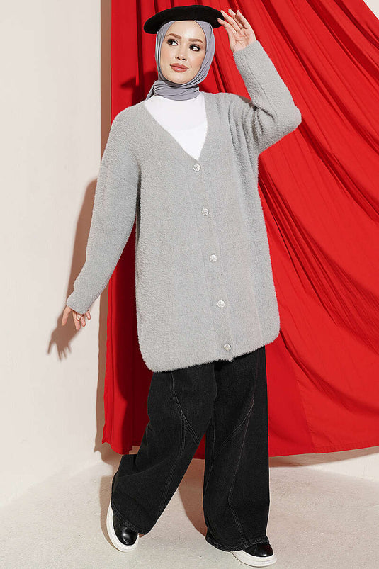 Gilet Long À Boutons Et Orné Gris