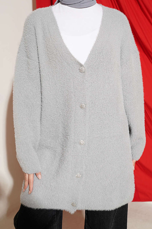 Gilet Long À Boutons Et Orné Gris