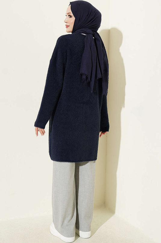 Cardigan Lungo Con Scollo A V E Barba, Blu Navy