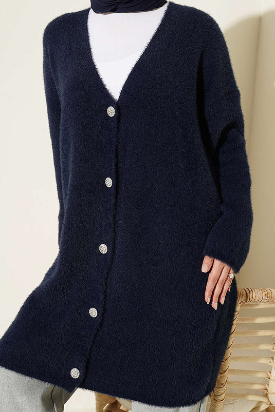 Cardigan Lungo Con Scollo A V E Barba, Blu Navy