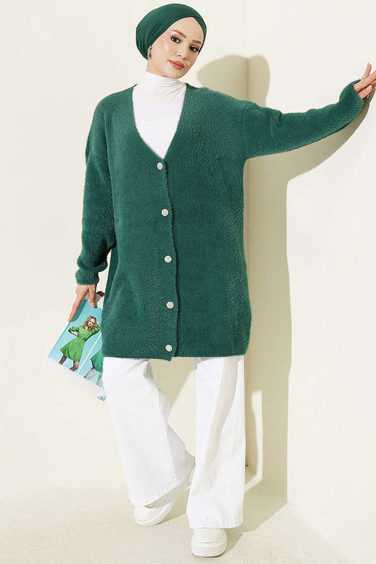Cardigan Lungo Con Bottoni E Decorazioni Verde