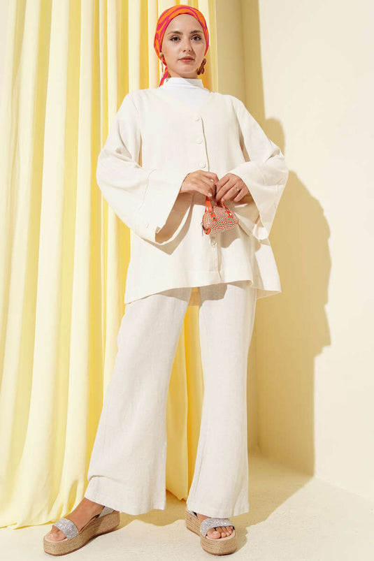 قميص كتان كاجوال بياقة على شكل حرف V، لون بيج