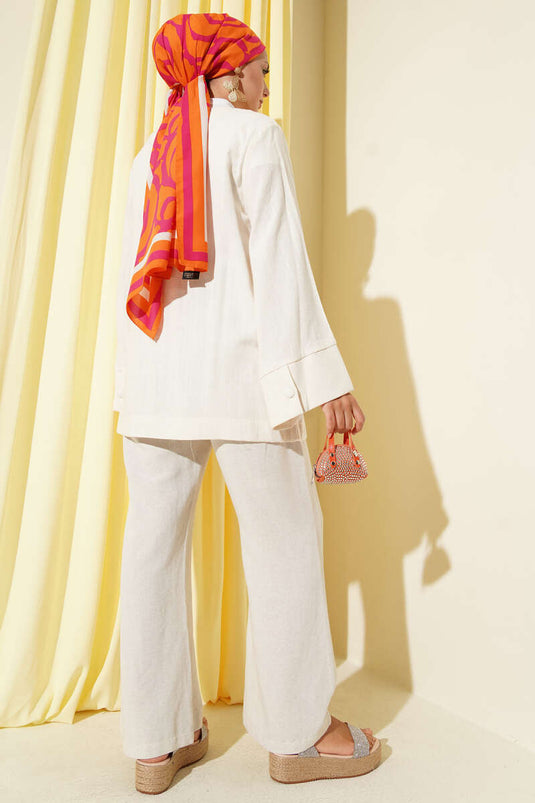 قميص كتان كاجوال بياقة على شكل حرف V، لون بيج